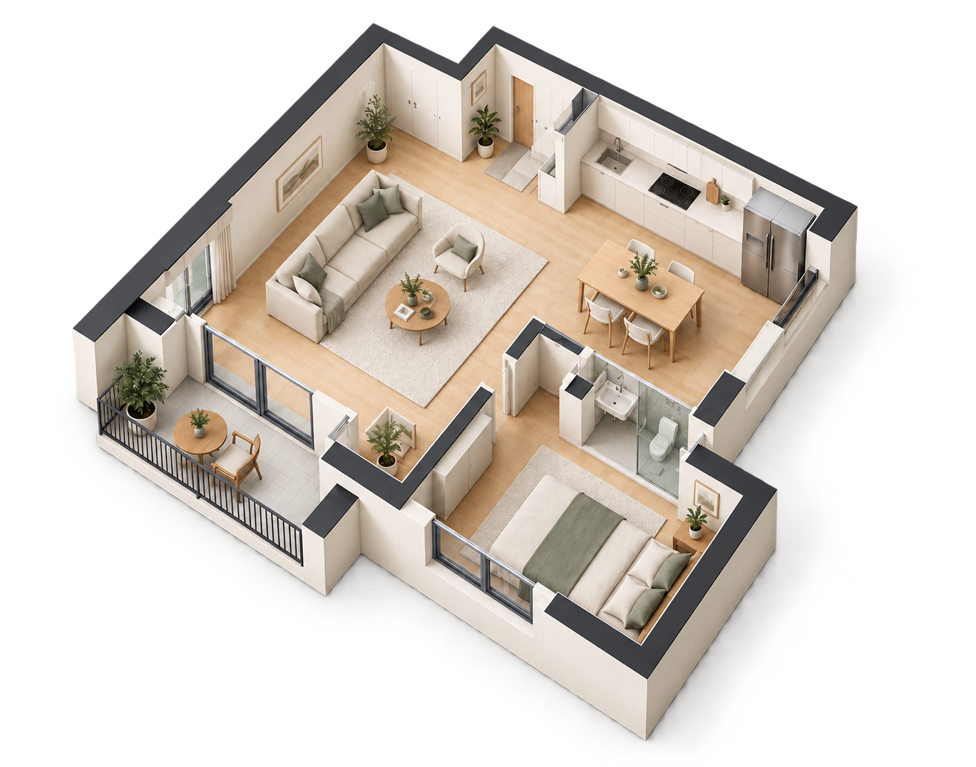 Vista ilustrativa de un piso con salón, cocina, dormitorio y baño.